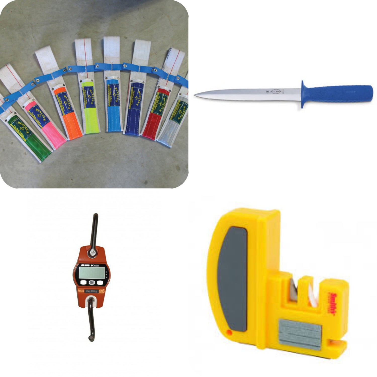 Knives, Sheaths, Scales, Sharpeners, Dog Bowls