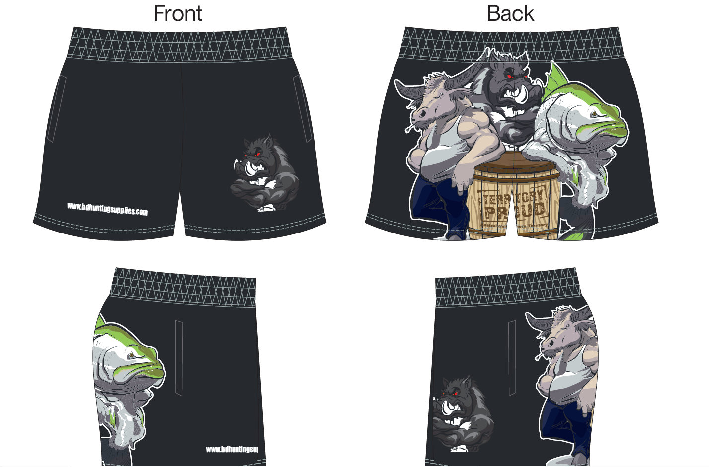 HD HUNTING FOOTY SHORTS BUFF/BOAR/BARRA BLACK